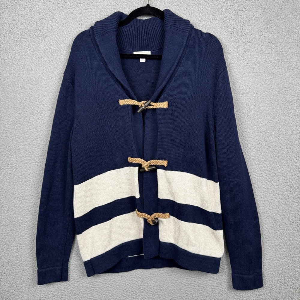 Gap Sweater Mens M Navy Blue White Stripe Toggle Button Cardigan Nautical Preppy